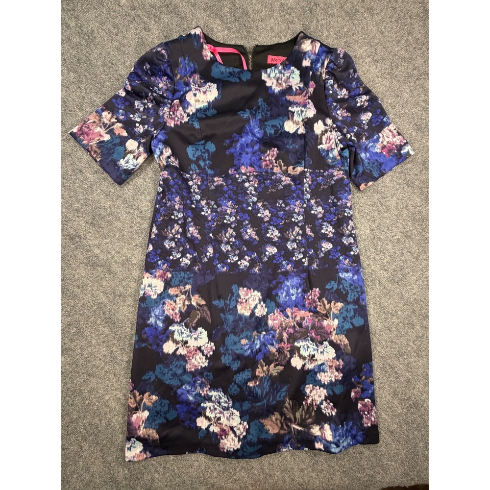 Betsey Johnson Floral Sheath Dress Womens 12 Blue Purple Short Sleeve Scuba 0536